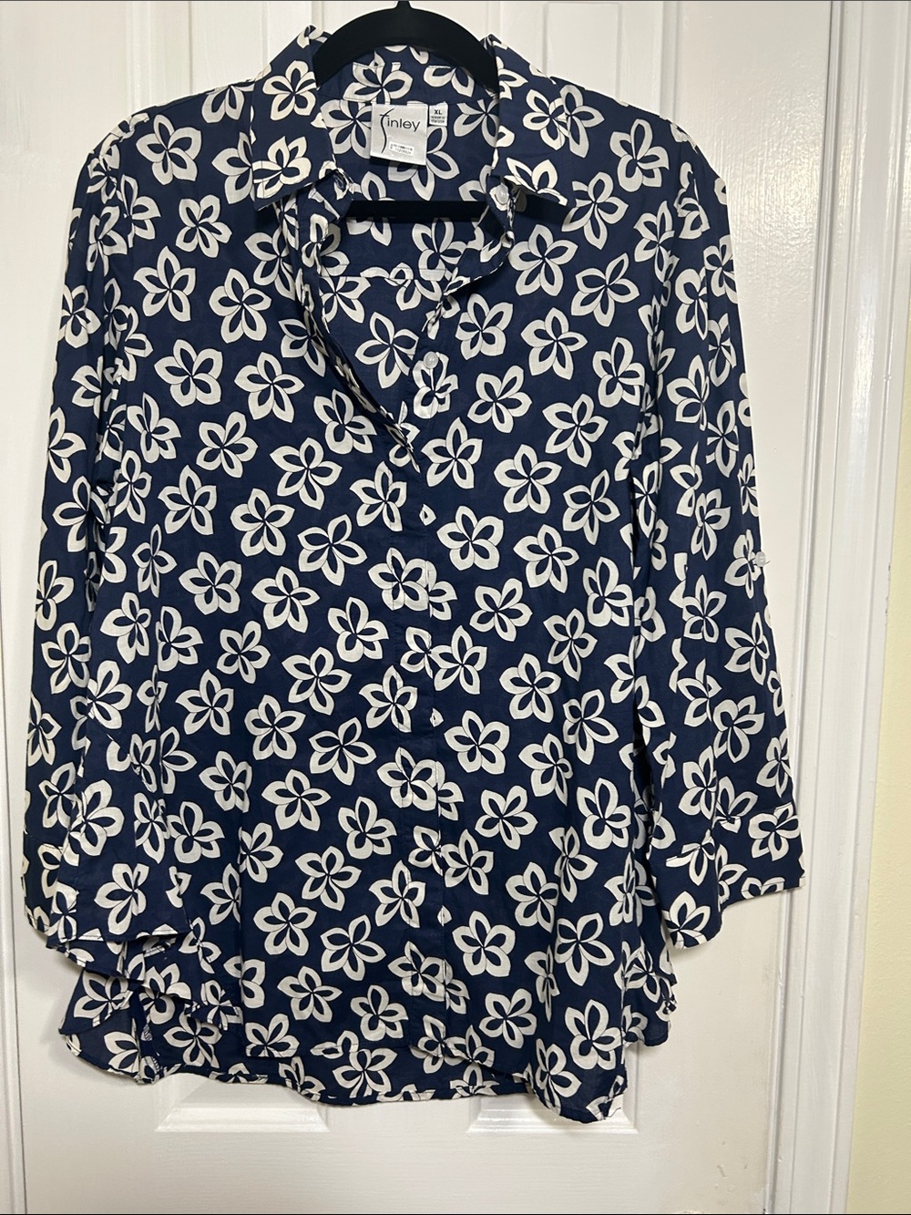 Finley Agatha, Navy Floral Button-Down Blouse, 100% Cotton, XL